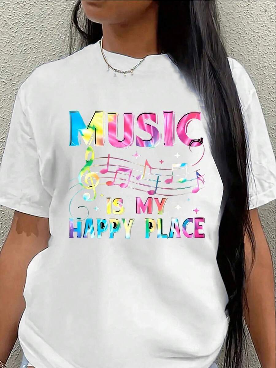 Camiseta de manga corta, ligera y duradera, diseñada con un tema musical. La música es un escape placentero, lo que la hace perfecta para salidas informales en casa, en cafeterías o en conciertos. Presenta estampados vibrantes de arcoíris y un ajuste cómodo.blusa casual mujer - Blanco - Ver 1