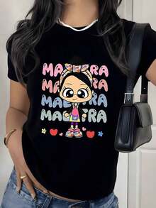 Camiseta con estampado gráfico de niña de dibujos animados y manzana, 180g, 1 pieza, temática divertida de maestra, camiseta casual 100% algodón para mujer, estilo streetwear de verano. - Negro - Ver 1