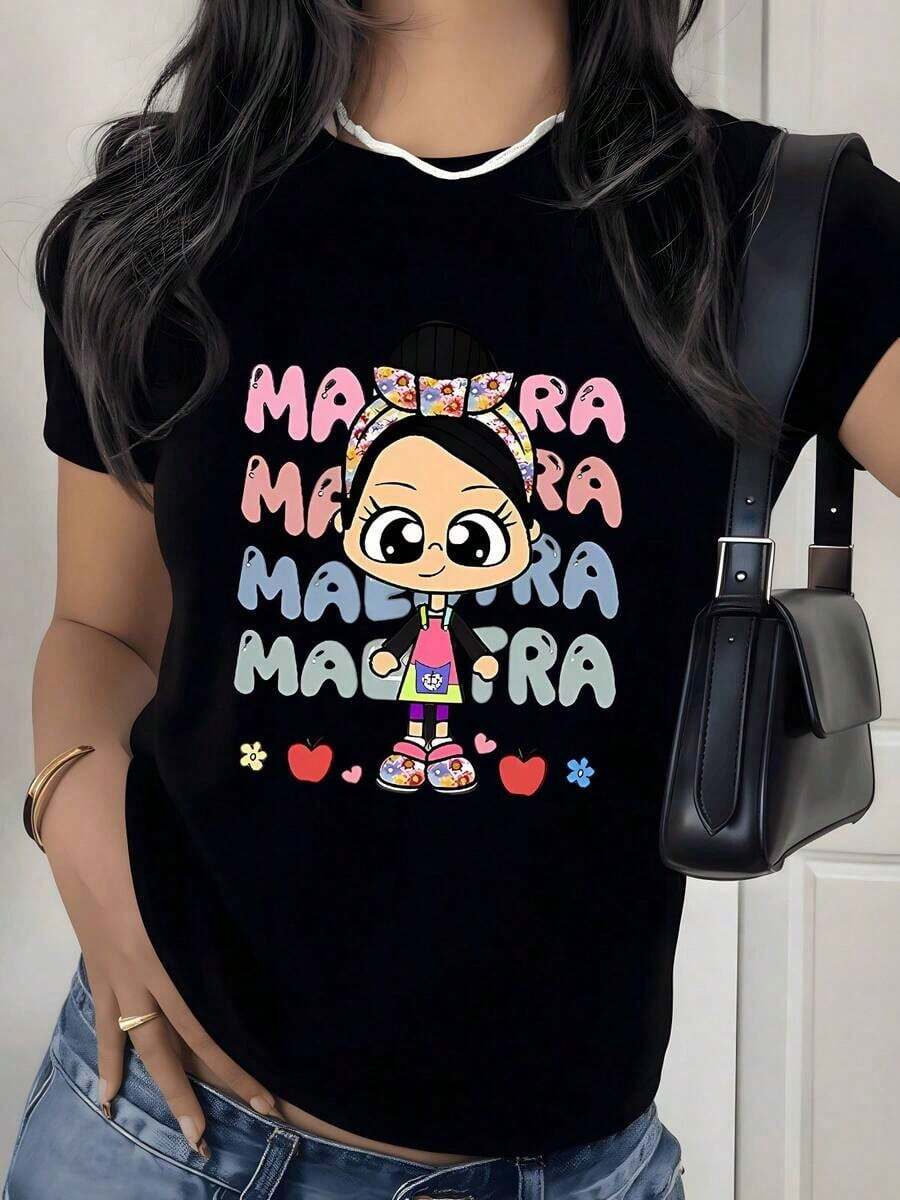 Camiseta con estampado gráfico de niña de dibujos animados y manzana, 180g, 1 pieza, temática divertida de maestra, camiseta casual 100% algodón para mujer, estilo streetwear de verano. - Negro - Ver 1