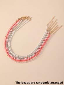 7pcs/Set Girls' Mixed Color Beaded Necklace Set, Suitable For Daily Decoration - Pink - View 4