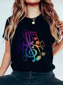 Camiseta de Mujer con Estampado Gráfico - Manga Corta, Cuello Redondo, Estilo Casual con Diseño Musical Vibrante, Perfecta para Verano y Primavera, Diseño de Notas Musicales Coloridas y Teclas de Piano, Tela Ligera y Transpirable, Camisetas de Mujer, Camiseta de Algodón para Familia Coordinada - Negro - Ver 3
