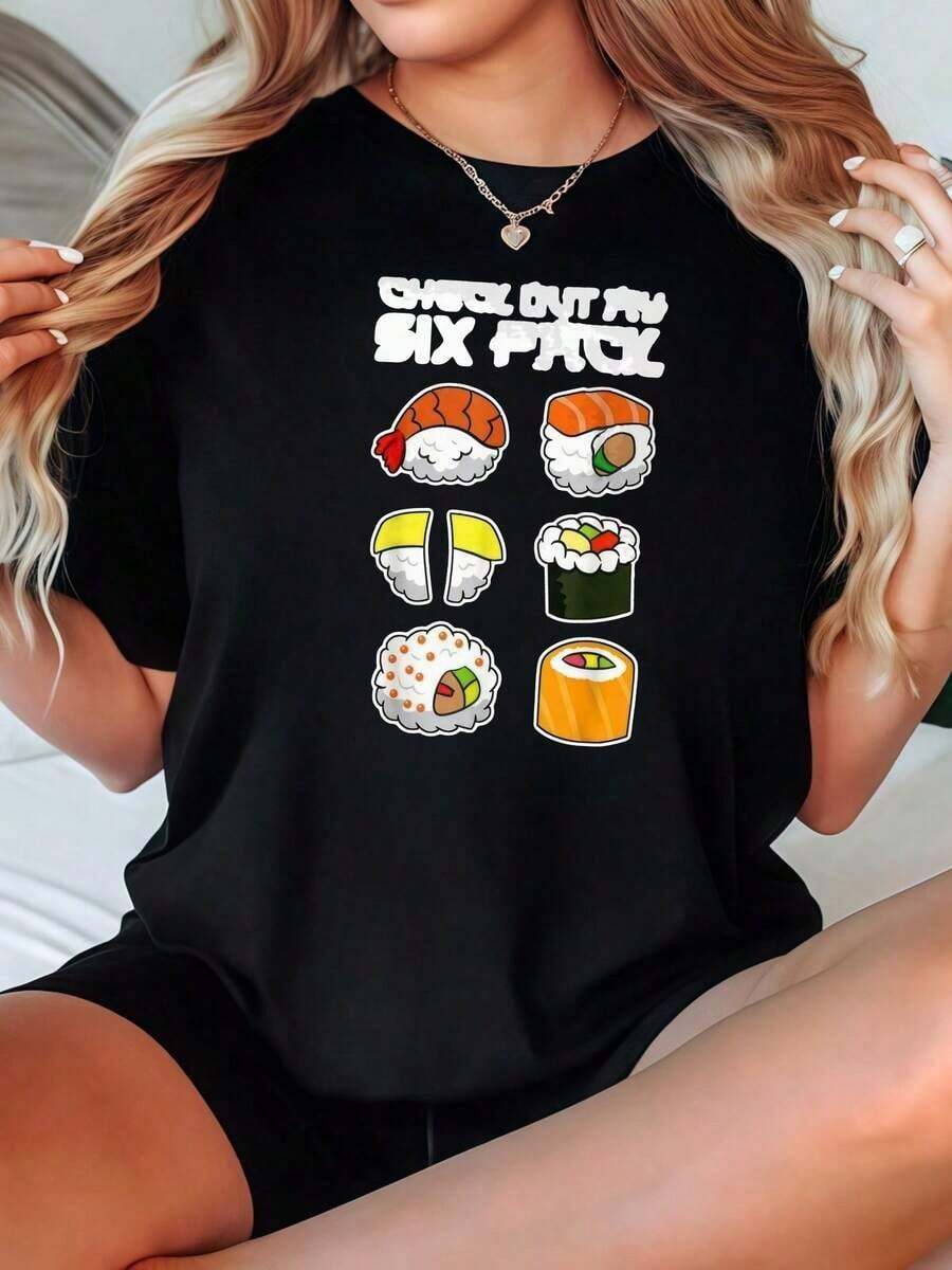 Camiseta de Mujer Casual de Corte Holgado, Opciones en Blanco y Negro, Estampado de Sushi, Camiseta Gráfica Divertida, Tops de Verano, Camisetas para Damas, Conjuntos de Verano, Camisetas Gráficas para Mujer, Tops Cortos para Mujer, Camisetas Vintage de Algodón, Ropa Linda para Mujer, Playera Holgada para Mujer - Negro - Ver 1