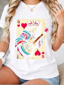 Camiseta premium para mujer, con un diseño artístico de la Reina de Corazones en estilo póker, confeccionada con tela suave de 180G, una camiseta estilizada con patrones adecuada para aniversarios, reuniones familiares y eventos corporativos, con un diseño llamativo para crear un ambiente festivo. Ecológica. - Blanco - Ver 1