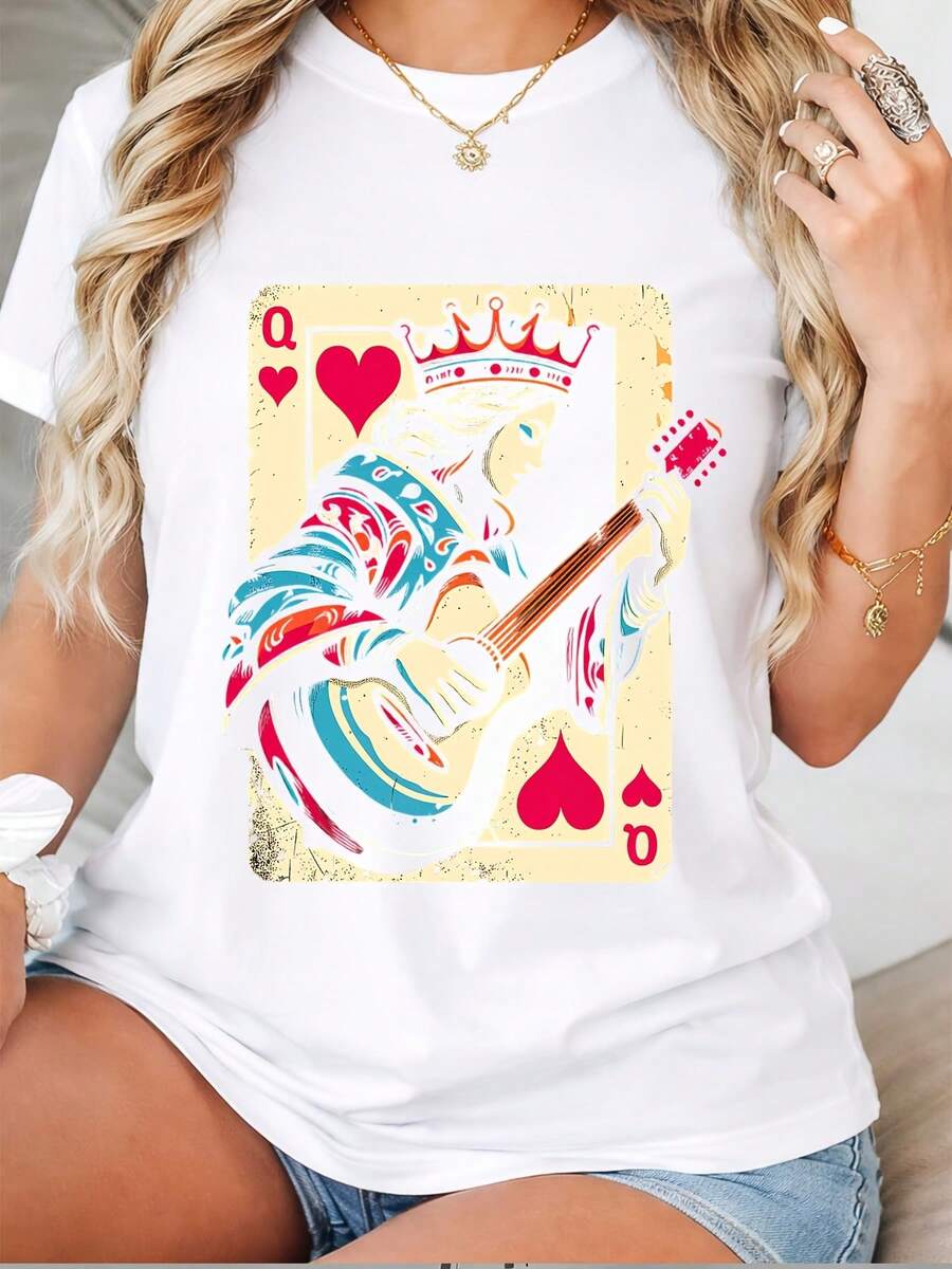 Camiseta premium para mujer, con un diseño artístico de la Reina de Corazones en estilo póker, confeccionada con tela suave de 180G, una camiseta estilizada con patrones adecuada para aniversarios, reuniones familiares y eventos corporativos, con un diseño llamativo para crear un ambiente festivo. Ecológica. - Blanco - Ver 1