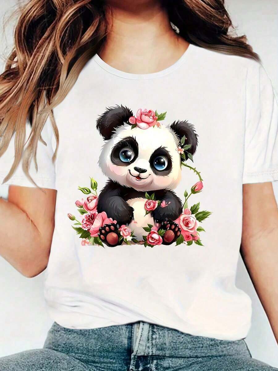 playeras de mujer algodon Camiseta gráfica de panda lindo para mujeres con diseño de flores - Camiseta de manga corta de verano con cuello redondo, blanca con panda negro y rosas rosadas, camisetas para damas 100% Algodón >ropa - Blanco - Ver 1