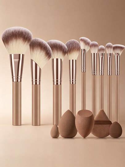 14 piezas de set de herramientas de belleza de textura premium, 9 pinceles de maquillaje profesionales multifuncionales, combinados con esponja de maquillaje, mini esponja de maquillaje, borla de polvo triangular, mini borla de polvo de cojín de aire, base de maquillaje facial completo, retoque y retoque, configuración de set exquisita