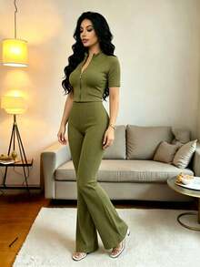 Conjunto de top corto deportivo con cremallera sin costuras y mallas deportivas de cintura alta para mujer - Verde militar - Ver 2