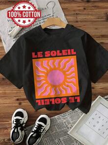 1 pieza de camiseta de mujer, estilo vintage, con estampado de sol y texto "LE SOLEIL", manga corta, cuello redondo, 100% algodón, 180g (tallas S-3XL), camiseta de manga corta para mujer. - Negro - Ver 12