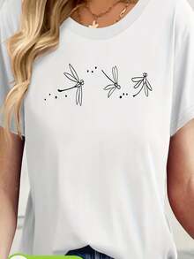 Camiseta Premium para Mujer con Estampado de Mariposas y Libélulas - Top de Manga Corta con Cuello Redondo Suave |   Camisa casual lavable a máquina, adecuada para usar en primavera y verano, corte holgado para uso diario (no transparente), ecológica. - Blanco - Ver 7