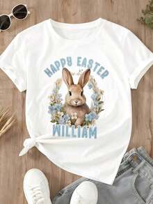 Camiseta Personalizada con Estampado Floral de Conejo de Pascua, Feliz Pascua, William, Regalo de Celebración de Vacaciones de Primavera para Mujeres y Hombres, Ropa Casual Unisex, Estilo Urbano Vintage, Camiseta Unisex de Manga Corta, Cuello Redondo, Algodón 100% - Blanco - Ver 3