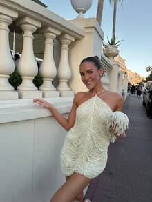 Vestido elegante con lentejuelas y flecos para eventos especiales - Dorado - Ver 4