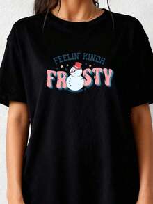 1 pieza de camiseta verde para mujer con estampado de Papá Noel navideño - Top casual de manga corta con cuello redondo, suave y elástico, con gráficos de muñeco de nieve y "Feelin' Kinda Frosty", ropa de temporada para fiestas navideñas, 180g, 100% algodón. - Negro 3 - Ver 10