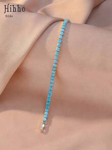 Hihho 1pc Copper Oxidized Zirconia Decorated Classic Tennis Chain Bracelet, Multi-Size Turquoise Inlaid Design Bracelet, Minimalist Multifunctional, Suitable For Women, Suitable For Daily, Bar, Travel Accessories - Turquoise Blue - View 5