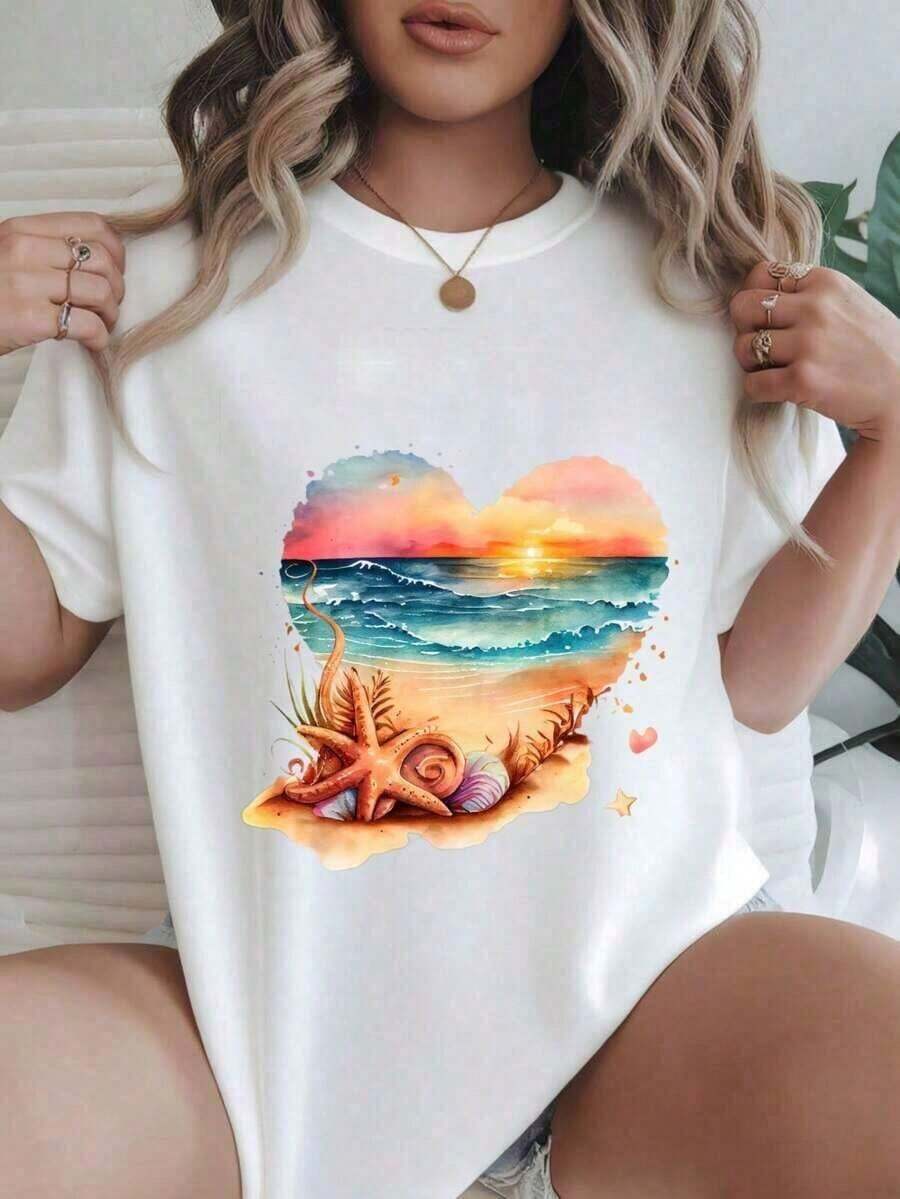 Soft Fashionable Casual T-Shirt For Women With Sunset Beach And Seashell Print, Suitable For All Seasons - Casual Blouses, Women's Cotton T-Shirts - 白色 5 - 查看 1