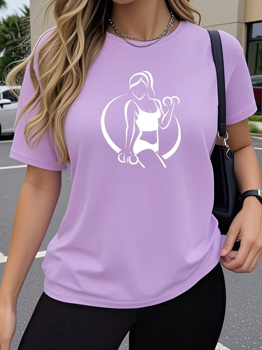 Women's Summer Clothes 2026, Short Sleeve T-Shirt, Y2K Style, Round Neck, Simple Fashion, Casual Sportswear For Training, Short Sleeve T-Shirt, Artistic And Modern Design With Sports Figure Print. 6G12 - 燻衣草淡紫 - 查看 1