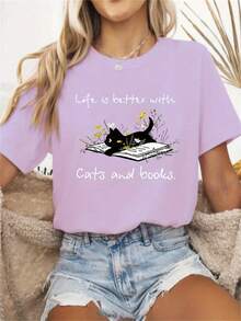 New Women's Casual T-Shirt 2026 With Cat And Book Print - "Life Is Better With Cats And Books" Design, Soft And Stretchy Crew Neck, Comfortable For All Seasons, Machine Washable, Ideal For Everyday Wear, Cozy Style, A Must-Have For Book Lovers, Comfortable And Breathable Fabric. MUGY - 紫色 - 查看 7
