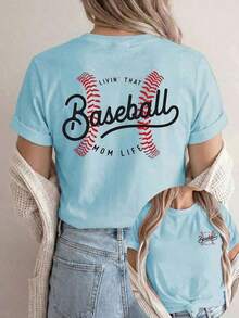 Summer T-Shirts [Double-Sided Print] Women's Short-Sleeve Crew Neck T-Shirt, Casual Style, With Baseball Stitching And The Text "LIVIN' THAT MOM LIFE", Machine Washable, Suitable For Casual Wear, Multipurpose Clothing, Fashionable T-Shirt, Comfortable Material, For Style Enthusiasts, Loose And Comfortable For Summer. - 藍色 - 查看 1