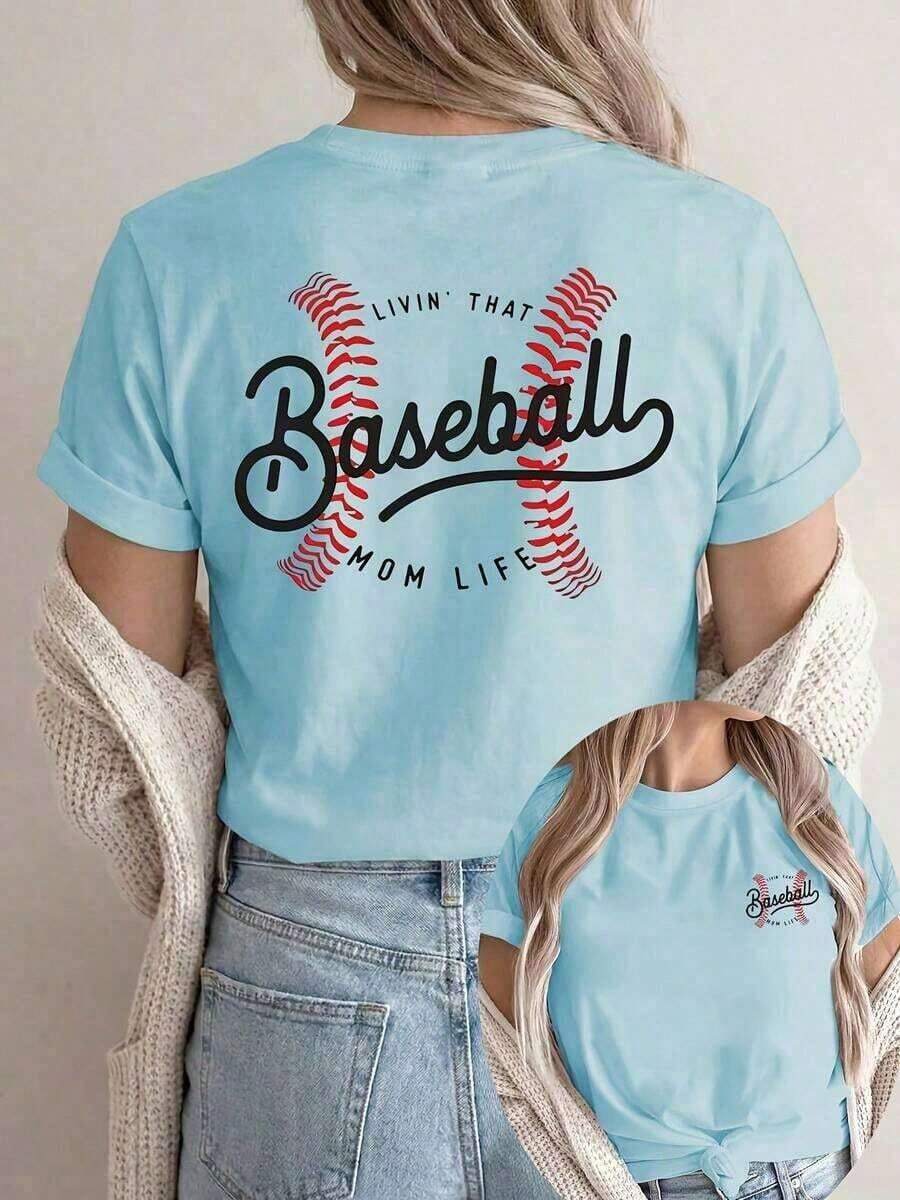 Summer T-Shirts [Double-Sided Print] Women's Short-Sleeve Crew Neck T-Shirt, Casual Style, With Baseball Stitching And The Text "LIVIN' THAT MOM LIFE", Machine Washable, Suitable For Casual Wear, Multipurpose Clothing, Fashionable T-Shirt, Comfortable Material, For Style Enthusiasts, Loose And Comfortable For Summer. - 藍色 - 查看 1