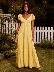 Women's V Neck Long Dress Fashionable Solid Color Lace Patchwork Short Puff Sleeve Flowy Dress - Yellow - View 3