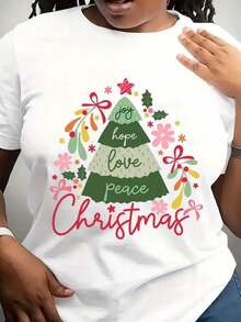 Camiseta Moderna Minimalista Retro con Árbol de Navidad, Gráfica Vintage de Alegría, Esperanza, Amor y Paz, Casual para el Día a Día - Blanco - Ver 7