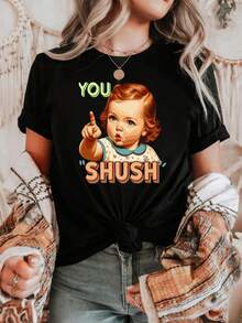 Playeras de mujer estilo Y2K - Blusas casuales para dama, de moda, ajustadas, de color sólido, con cuello redondo y manga corta - Estampado retro, con diseño de dedo señalando, texto "YOU SHUSH". - Negro - Ver 7