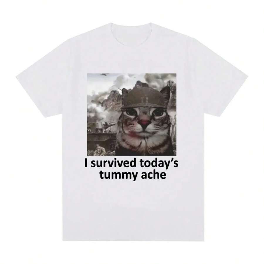 Camiseta con estampado creativo de gato divertido para mujer, ropa de calle informal, ropa suave de verano, I Survived Today's Tummy Pain - Blanco - Ver 1