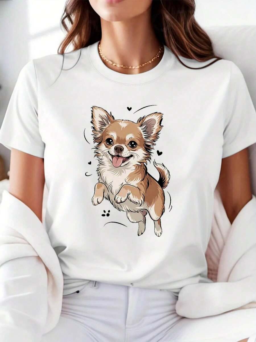 1 camiseta de mujer, blanca de manga corta, con estampado de chihuahua de pelo largo, 100% algodón, cuello redondo casual, corte regular, suave y transpirable, adecuada para todas las estaciones, para uso diario, informal, multifuncional, regalo perfecto para amigos en las vacaciones, 180g de algodón 100%. - Blanco - Ver 1