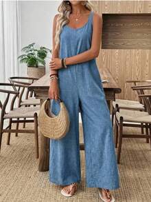 Modern Jumpsuit, Solid Khaki Color, Wide Leg Design For Women - Peacock Blue - View 4