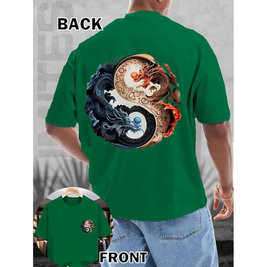 1pc Men's T-Shirt 100% Cotton Double-Sided Printing With Yin Yang Dragon Phoenix SML XL XXL XXXL Gift Summer Cool Casual Short Sleeve T-Shirt - 綠色 - 查看 1