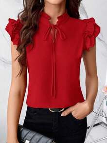 Blusa con cuello de corbata y volantes para el Día de la Mujer - Rojo - Ver 7