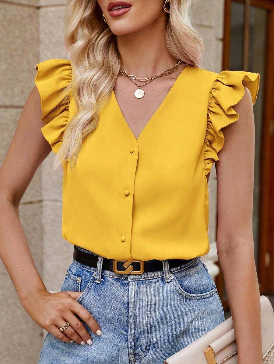 Camisa de mujer con cuello en V a rayas y mangas con volantes, camisas de verano para mujeres - Amarillo - Ver 1