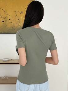 Blusa de punto acanalado con ribete de lechuga, estilo preppy de verano - Verde - Ver 2