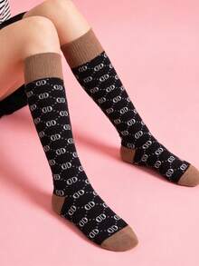 1 Pair Black Letter Knee-High Socks, Casual Wear - White - View 6