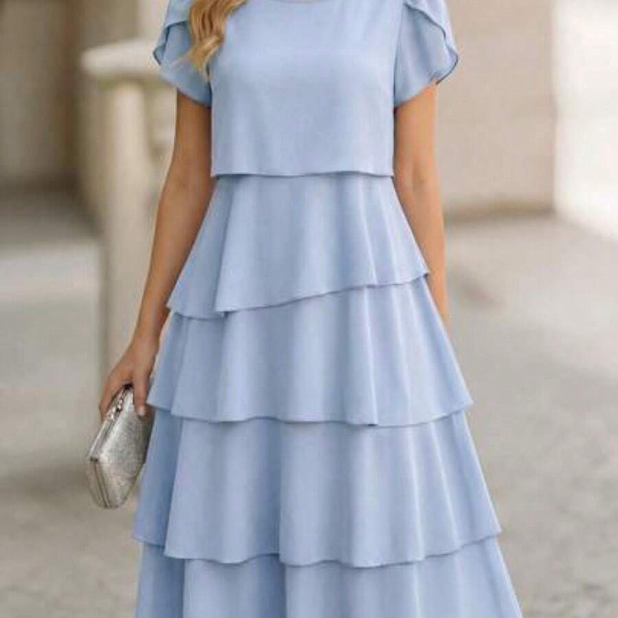 guangzhougaolangshangmao Vestido de mujer de unicolor con cuello redondo, mangas cortas con volantes en los puños y dobladillo con volantes, vestido de moda para vacaciones, primavera y verano - Celeste - Ver 1