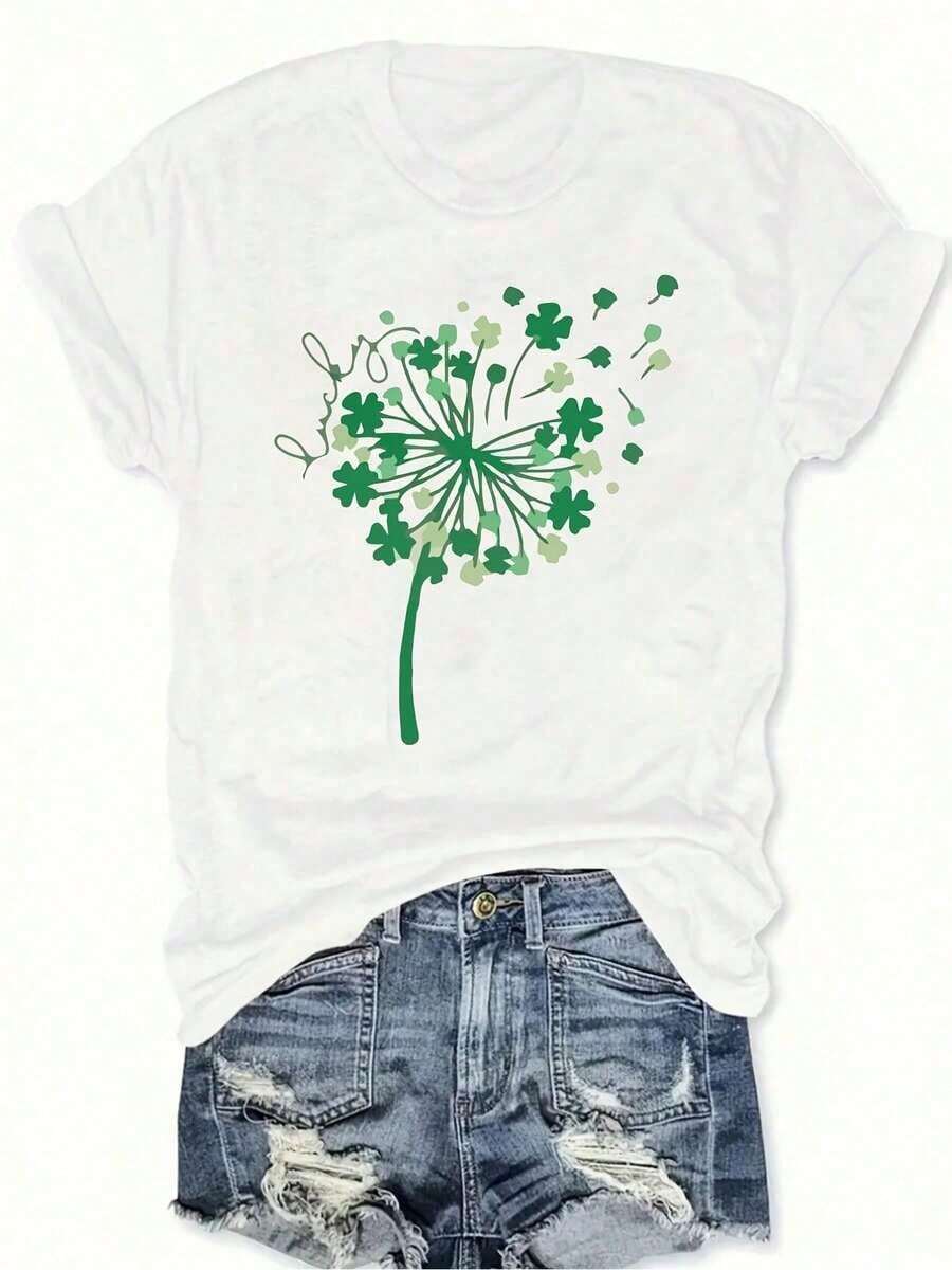 Camiseta casual de cuello redondo para mujer, estampada con motivos de trébol verde y diente de león - corte holgado y cómodo, diseño de manga corta, lavable a máquina, adecuada para la temporada, hecha de tela opaca, perfecta para el Día de San Patricio. - Blanco - Ver 1