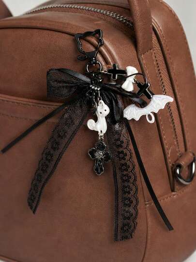 Black Lace Bow, White Kitten And Cross Design, Suitable For Bags, Clothing, Keys, Wallets, Everyday Fashion Accessories, Birthday Gifts, Holiday Gifts, And Gifts For Girls And Ladies.