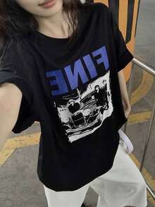 Camiseta casual y holgada de mujer con estampado de letras y bloques de color, camiseta gráfica de verano con diseño oversize, parte superior estilo preppy - Negro - Ver 2
