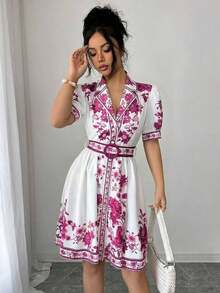 Conjunto de vestido corto de manga corta con cintura ceñida y estampado floral azul y blanco, elegante y romántico para vacaciones, primavera/verano - Multicolor 2 - Ver 4