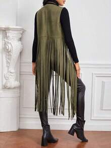 Chaleco con detalles de tachuelas y flecos en el bajo para otoño/invierno - Verde militar - Ver 2