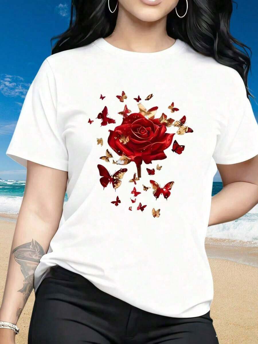 Camisetas gráficas Manga Corta para mujer, camiseta de manga corta con cuello redondo para mujer, diseño de rosas rojas y mariposas, camiseta negra de moda con estampado gráfico, ropa de playa de verano, estampados divertidos adecuados para el Día de San Valentín, Navidad, fiestas, actividades deportivas, vacaciones, salidas, deportes y otros regalos festivos (220g). TopsVintage - Blanco - Ver 1