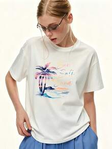Camiseta de manga corta de 180 g para mujer con estampado de sol, sal marina, playa y palmeras - Camiseta de verano para vacaciones en la playa, informal, holgada, con cuello redondo, regalo perfecto para el Día de la Madre, reuniones familiares y actividades de building de la empresa - Camiseta unisex de algodón holgada de manga corta y cuello redondo, estilo vintage urbano. - Blanco - Ver 7