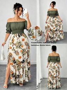 Auvina Vestido casual elegante de talla grande para mujer de primavera/verano, en azul sólido de aspecto de mezclilla con cintura fruncida y con abertura lateral - Verde militar - Ver 7