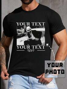 Personalized Photo T-Shirt For Men, Spring/Summer, Custom Design, Upload Your Photo/Group Photo/Lover/Family/Pet/Best Friend/Landscape, Write Your Text/Name/Message/Funny Text/Blessing, Men's Short Sleeve Crew Neck T-Shirt, Black T-Shirt, Holiday Gift, Personalized Gift For Valentine's Day/Birthday/Anniversary, Gift For Him, Short Sleeve Ornamental Spring/Summer, Casual Style, Fashion, Hipster, Simple, Easy Costume, Modest Fashion, Minimalist Chic, Personalized Casual, Unique, Ideal Personalized Gifts For Him, Family, Boyfriend, Friends, Kids, Chic Style For Daily Office Wear, Slim Fit, Casual Chic Urban Style, Chic Summer Style - 黑色 - 查看 9