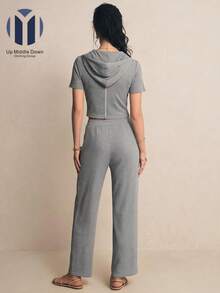 Conjunto Casual de Dos Piezas para Mujer: Top con Cierre y Pantalón de Pierna Ancha - Ideal para Primavera/Verano - Gris - Ver 2