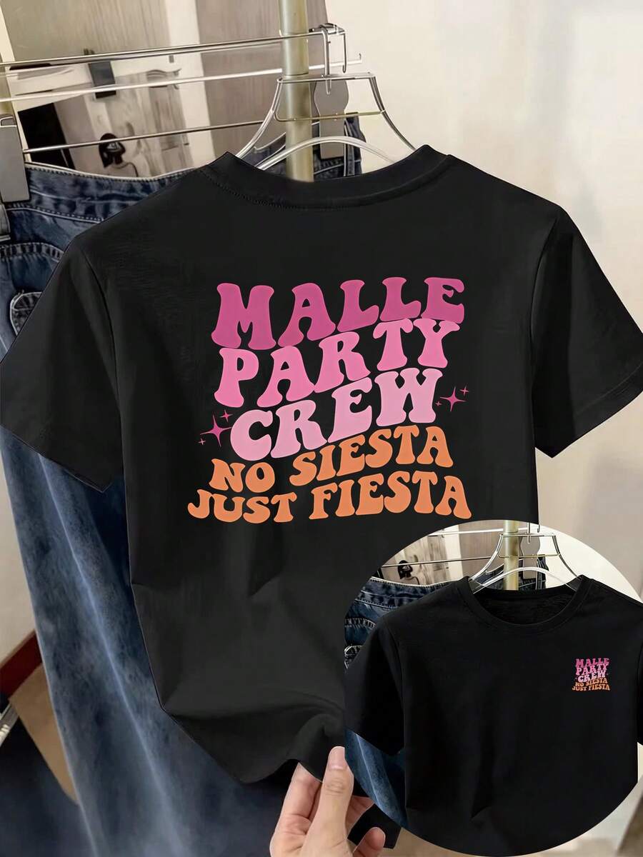 Women's 'MALLE PARTY CREW NO SIESTA JUST FIESTA' Carnival Party T-Shirt With Letter Print, Casual Round Neck, Short Sleeve, Comfortable Sports Top, Double Print On Chest And Back, 100% Cotton. - 黑色 - 查看 1