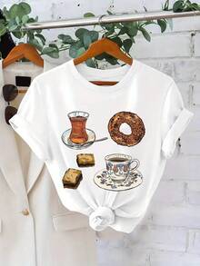 Camiseta con estampado de letras, top casual de manga corta y cuello redondo para verano y primavera, ropa de mujer - Blanco - Ver 1