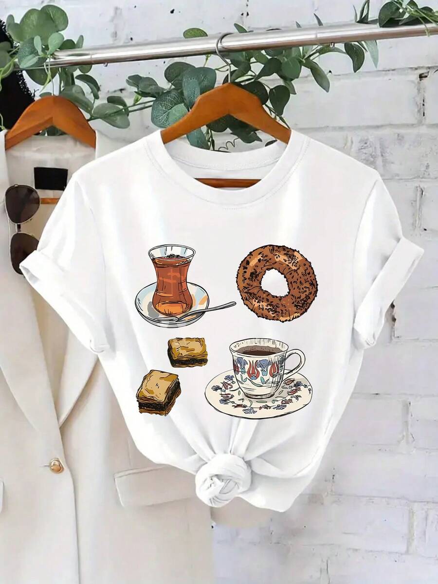 Camiseta con estampado de letras, top casual de manga corta y cuello redondo para verano y primavera, ropa de mujer - Blanco - Ver 1