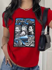 Vintage Lowrider Car Graphic Print T-Shirt, 180g, 1 Piece, Retro Urban Art, Women's Casual T-Shirt 100% Cotton, Urban Style - 紅色 - 查看 9