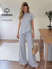 Conjunto de 2 piezas de top a rayas y pantalones con bajo asimétrico para mujer - Negro - Ver 11