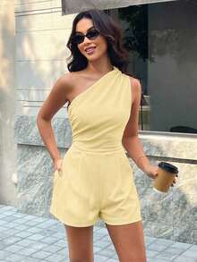 Beige Sleeveless Casual Jumpsuit With Pockets, Suitable For Summer Vacations, Weddings, Outings And Other Occasions, Minimalist Solid Color Casual Jumpsuit For Women - 黃色 - 查看 5